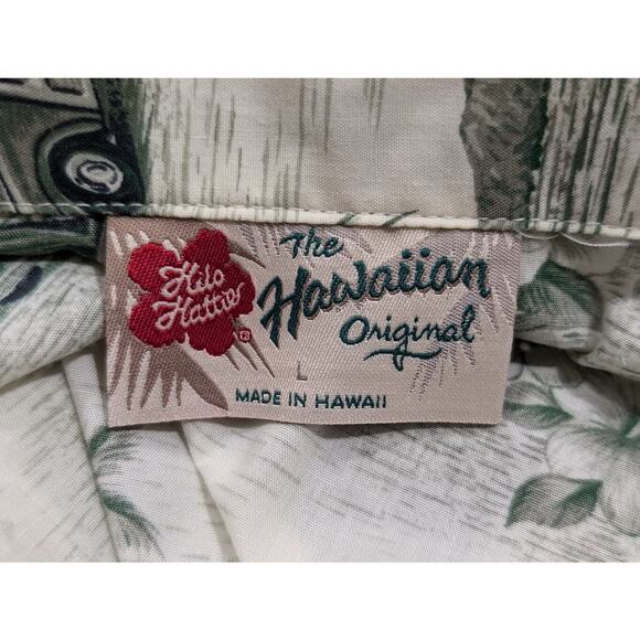 Vintage Y2K Blouse Green Hawaiian Surfing Cars Top Misses Size L Hilo Hattie - Picture 6 of 7